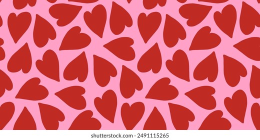 Red hearts on pink background seamless pattern. Sweet love. Valentine's day cute backdrop texture, wallpaper. Romantic wedding.