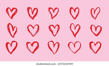 Red hearts on a pink background. Multiple red hearts in a pattern. Hand-drawn red hearts create a playful, romantic vibe. Perfect for Valentine's Day designs. Cute hand drawn Valentine's Day vector.