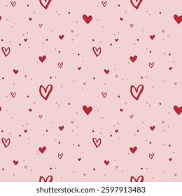Rote Herzen auf rosafarbenem Hintergrund. Coquette-Kern. Nahtloses Muster EPS Vektor handgezeichnet für romantisch, valentine, Hochzeitsdesign, niedlichen Kern, girly, Textil, Verpackung, Stoff, Scrapbooking. Umrissskizze.