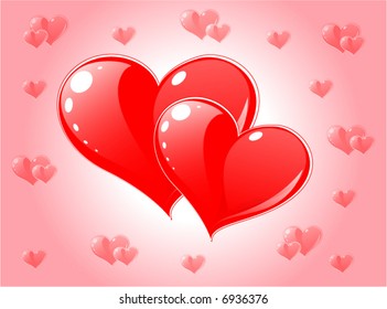 Red hearts on the pink background, greeting card