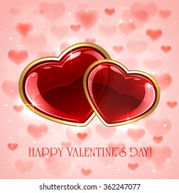Red hearts on pink Valentines background, illustration.