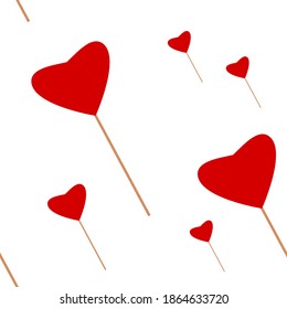 Red hearts on stick seamless pattern. Festive decoration for parties and special dates.
