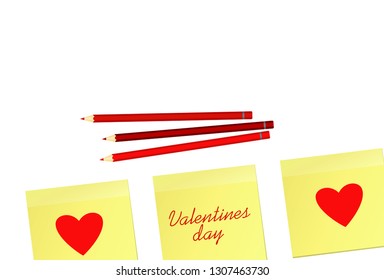 Red hearts on stickers for Valentine's Day. Creative design concept with colorful pencils. Vector illustration on white background.  Copy space for text.