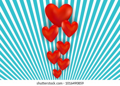 Red hearts on a striped background. Vector illustration EPS10 for Valentines, Wedding, Greeting Card
