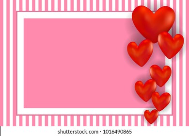 Red hearts on a striped background and space for text. Vector illustration EPS10 for Valentines, Wedding, Greeting Card