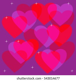 Red hearts on a violet background, a romantic Valentine's Day card