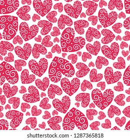 Red hearts on a white background placed close to each other. Vector seamless illustration of a repeating pattern with different sized hearts with flores texture. Love elements of repeat design.