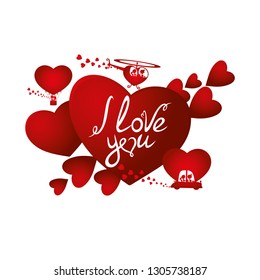 Red hearts on a white background and text i love you.