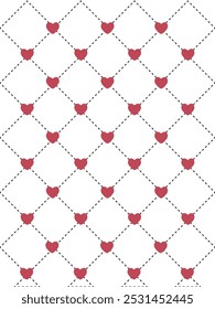 Corazones rojos sobre fondo blanco con el patrón de diamantes discontinuos. Ideal para proyectos de diseño romántico, tarjetas de San Valentín e invitaciones de boda.