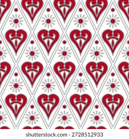Rote Herzen auf weißem Hintergrund. Rot-weißes, nahtloses Herzmuster. Romantische Dekoration für Ferien. Vintage-Lack-Stickerei. Helles modernes Ornament.