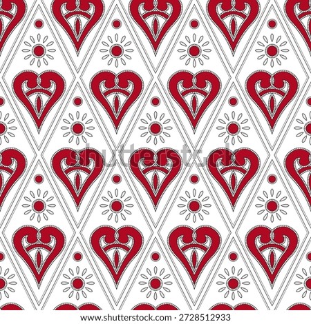 Red hearts on white background. Red white seamless pattern of hearts. Holiday romantic ornamental decor. Vintage lacy embroidery. Bright modern ornament.