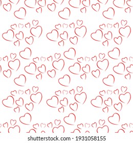 Red Hearts on the white Background.Seamless Romantic Pattern. Abstract Chaotic Vector Illustration