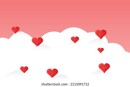 red hearts on white clouds in pink gradient sky