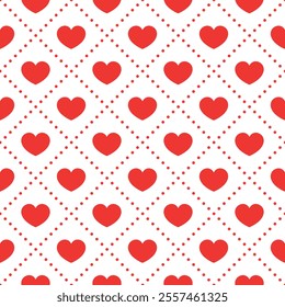 Red hearts on white dotted background. Vector seamless pattern. Best for textile, wallpapers, wrapping paper, package and St. Valentine's Day decoration.