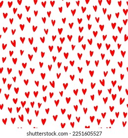 Red hearts on a white pattern background. Cute seamless romantic print. Ornament for Valentine's Day. Vector illustration.
