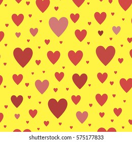 Red hearts on a yeallow background. Vector illustration.