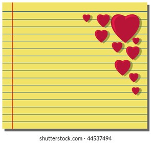 Red hearts on yellow note paper