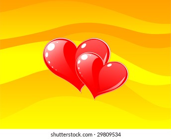 Red hearts on yellow waves background, vector illustration