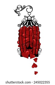 red hearts in open birdcage - valentine's day decorative vector design
