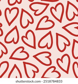 Red hearts outline on cream white background seamless pattern. Hearts line art, sketch. Love black and white background. Valentine's day, mother's day, wedding, birthday texture, wallpaper.