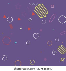 Red Hearts Oval Lime Multicolor Simple Geometry Illustration. Orange Wave Bright Dark Blue Stars Yellow Background. Pastel Zigzag Purple Green Square Violet Rectangle Hipster Background.