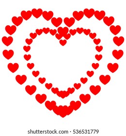 Red hearts painted on a double path. Vector eps 10 