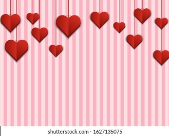 Red hearts paper hanging - Valentine's day concept card. Vector illustration EPS10.