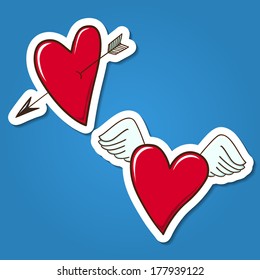 Red hearts. Paper sticker imitation. Vector card concept. Romantic tender design