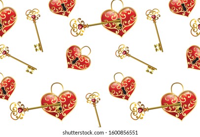 Red Hearts Pattern Gems Icons Love. The background image of a red ruby with a heart shape. A symbolic of heart with a keyhole and a key.