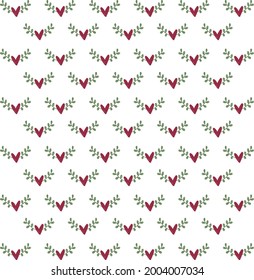
red hearts pattern with green leaves on white background