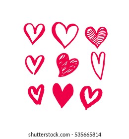 Red Hearts Pattern Of Hand Drawn Sketch Heart Icons Art Design For Valentine Day. Marker Or Felt-tip Pen Drawing. Romantic Pink Love Symbols Set For Greeting Valentines Card Element