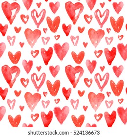 Red hearts pattern. Happy Valentines day background. Vector seamless pattern. Hand drawn watercolor paper. Romantic design.   