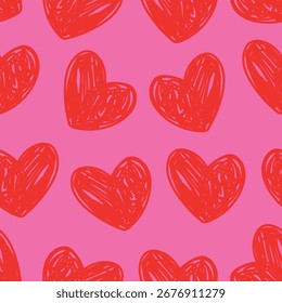 Red Hearts Pattern Love Background Vector Hand Drawn