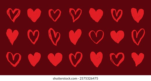 Red hearts pattern on a dark background. Various heart shapes repeat in a seamless design. Red hearts create a romantic, love-themed pattern. Cute hand drawn Valentine's Day vector set.