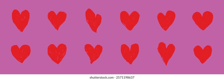 Red hearts pattern on pink background. Hearts arranged in rows. Red hearts on pink create a vibrant, romantic design. Heart pattern for love-themed decor. Cute hand drawn Valentine's Day vector set.