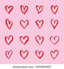 Red hearts pattern on pink background. Hand-drawn hearts create a playful, romantic vibe. Hearts repeat, forming a charming, love-themed design. Cute hand drawn Valentine's Day vector.