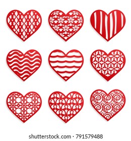red hearts with patterns on the white background
