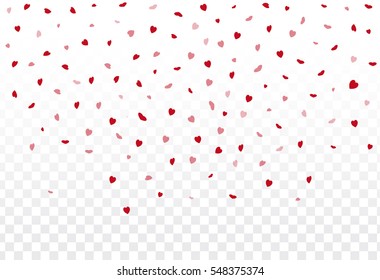 Red hearts petals falling on white background for Valentine's Day,shape of heart confetti background.