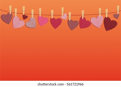 Red hearts  with a picture hanging on a rope. Valentine's Day. Vector illustration. Greeting card with empty space for your label or advertising. On a orange background