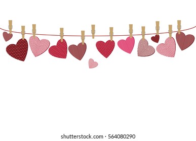 Red hearts  with a picture hanging on a rope. Valentine's Day. Vector illustration. Greeting card with empty space for your label or advertising. On a white background