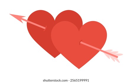 Red Hearts pierced arrow of love. Romantic symbol. Valentine's day sticker. Flat Vector illustration isolated on white background 