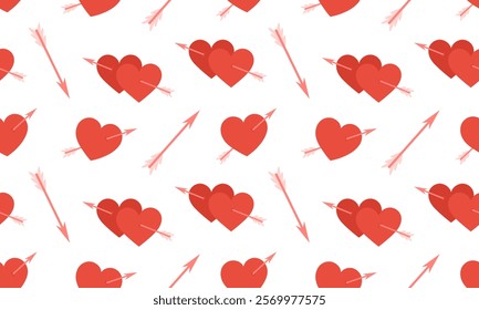 Red Hearts pierced arrow of love seamless pattern. Cupid's arrow. Romantic symbol. Valentine's day background. Flat Vector illustration 