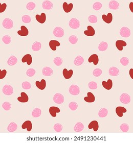 Red hearts and pink dots seamless pattern on off white background. Love, wedding, romance, mother's day simple minimal background. Design for textile and paper.