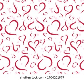 Red hearts with pink polka dots repeating seamless pattern background. Vector hearts in a hand drawn loose style.