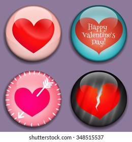 Red Hearts with place for pictures or text. Hearts  buttons with shadows. Modern Flat style. Great for Valentine's Day, Mother's Day, scrapbook, photo album. Vector icons, badges.