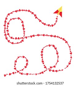 red hearts with plane postcard. Paper flying airplane on white background. Vector symbols of love in shape of heart for Happy Women's, Mother's, Valentine's Day greeting card design