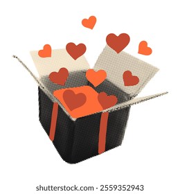 Red hearts popping out of open gift box halftone art collage paper clipping sticker. Valentine's day mystery box. Vintage dotted texture, modern retro vector illustration on transparent background