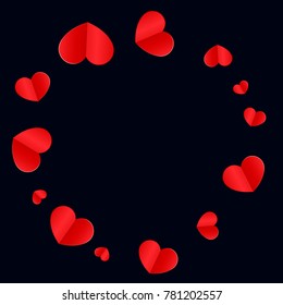 Red Hearts Random Falling on Black Background. St. Valentine's Day Pattern. Romantic Scattered Hearts Cute Texture. Love. Sweet Moment. Gift. Wedding. Anniversary, Birthday. Vector Illustratuion.