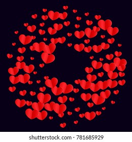 Red Hearts Random Falling on Black Background. St. Valentine's Day Pattern. Romantic Scattered Hearts Design Element. Love. Sweet Moment. Gift. Wedding. Anniversary, Birthday. Vector Illustratuion.