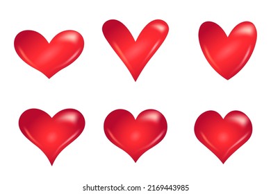 Red hearts. Realistic 3d design. Wedding decor vector set. Isolated vector illustration
